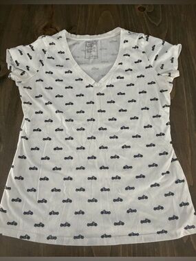 Garage White V-Neck Tee with Navy Motorcycle Print